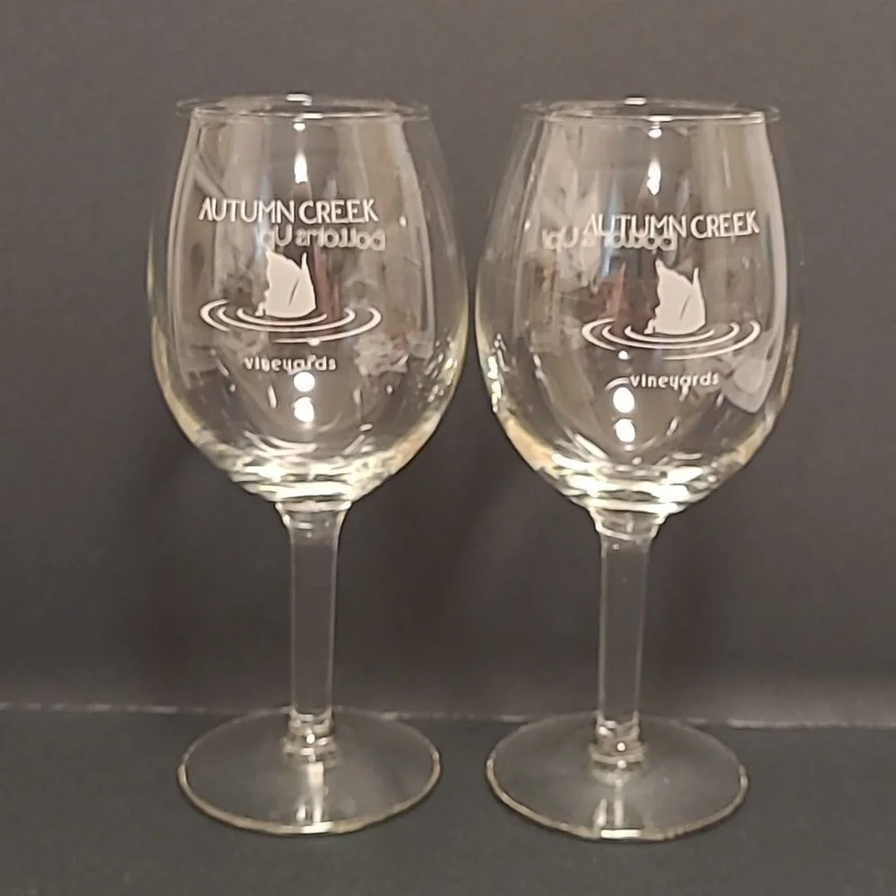 Pair of Autumn Creek Vineyards, Bottoms Up Wine Glasses